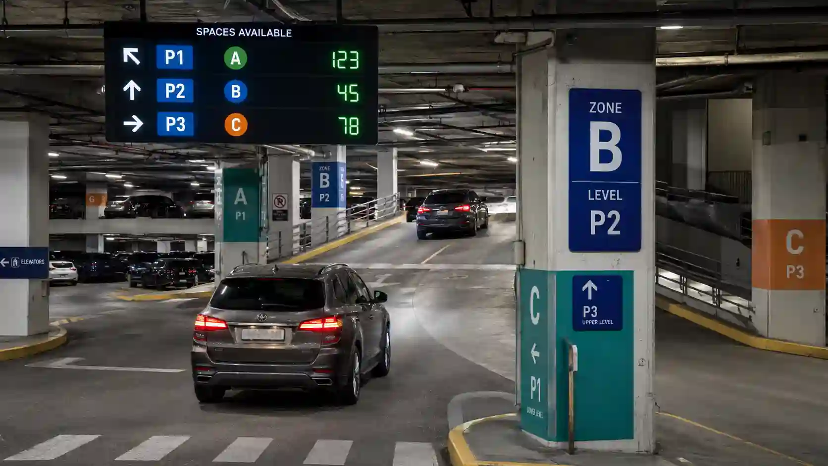 System prowadzenia do stref i poziomów parkingu z informacją o wolnych miejscach