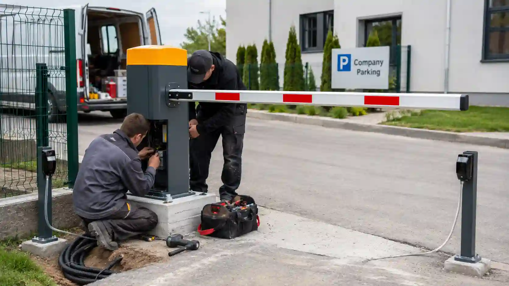 Montaż szlabanu parkingowego na fundamencie przy wjeździe