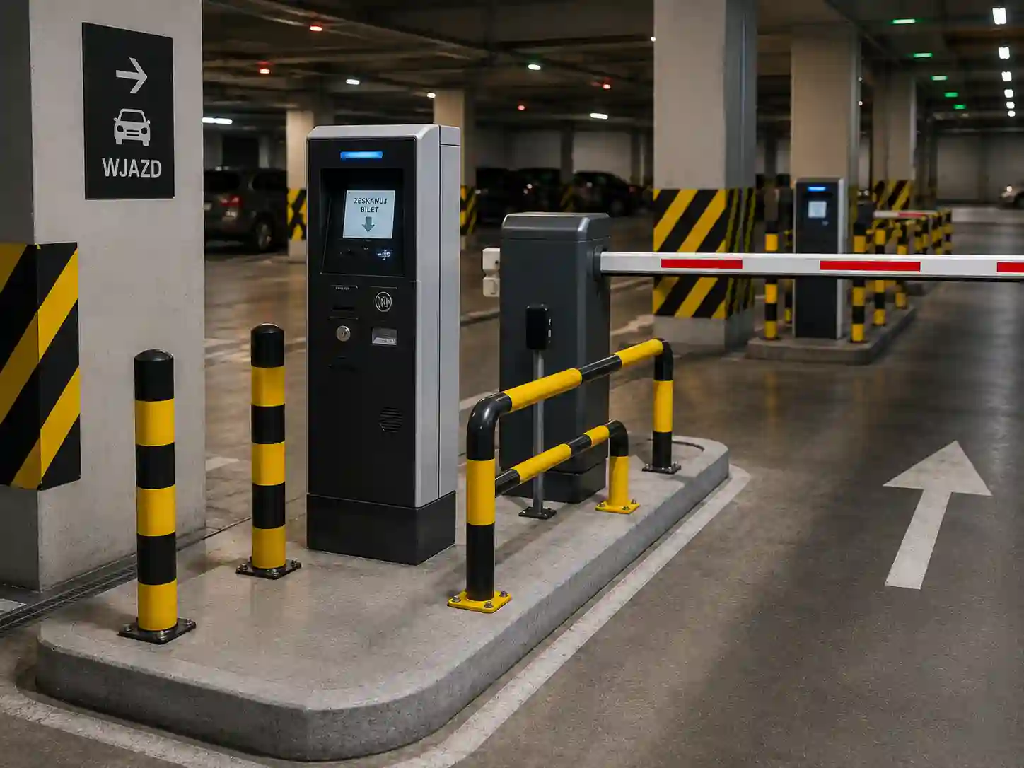 Słupki, odbojnice i barierki ochronne przy urządzeniach parkingowych
