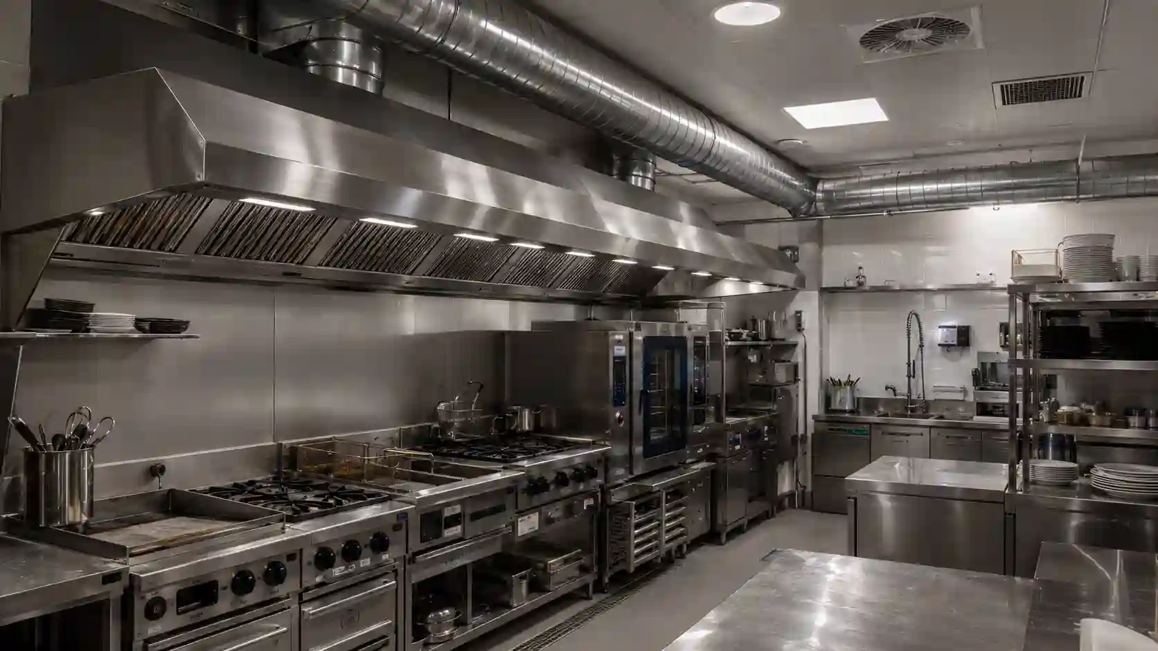 Kuchnia restauracyjna z okapem nad linią gotowania, kanałem wyciągowym i nawiewem kompensacyjnym.