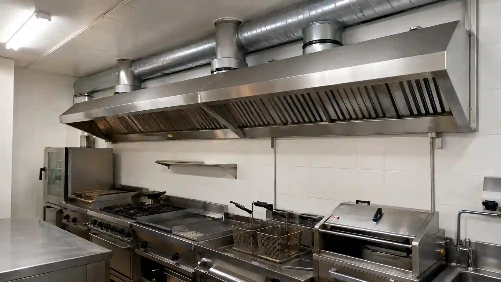 Okap przyścienny nad urządzeniami grzewczymi ustawionymi przy ścianie w kuchni gastronomicznej.