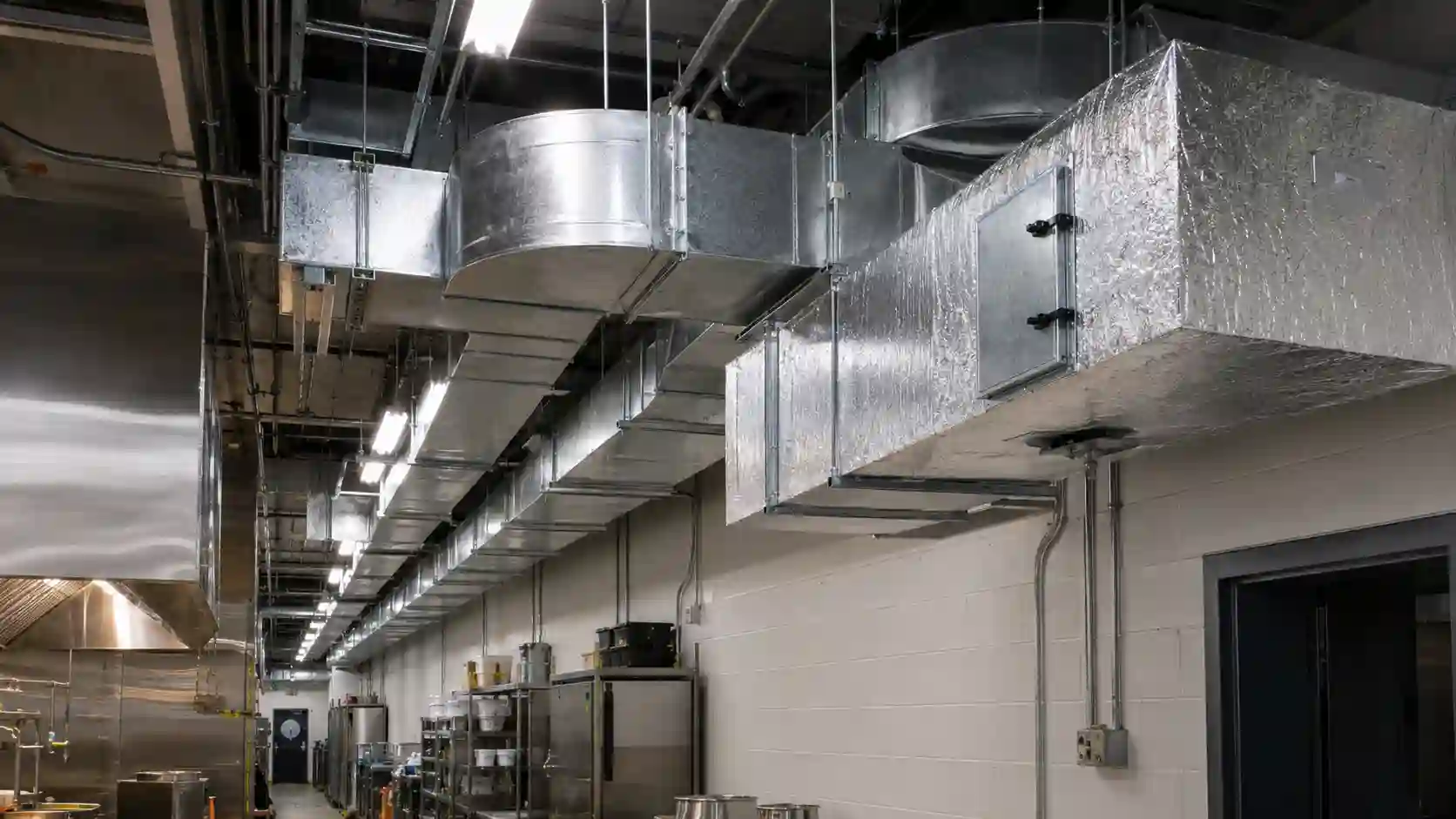 Długa trasa kanałów wentylacyjnych prowadzona przez zaplecze techniczne lokalu gastronomicznego.