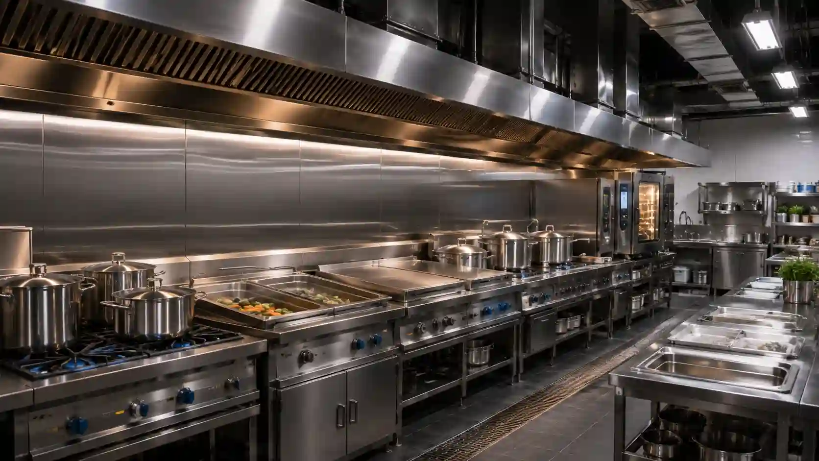 Duża kuchnia gastronomiczna z kilkoma stanowiskami pracy pod jednym systemem okapów.