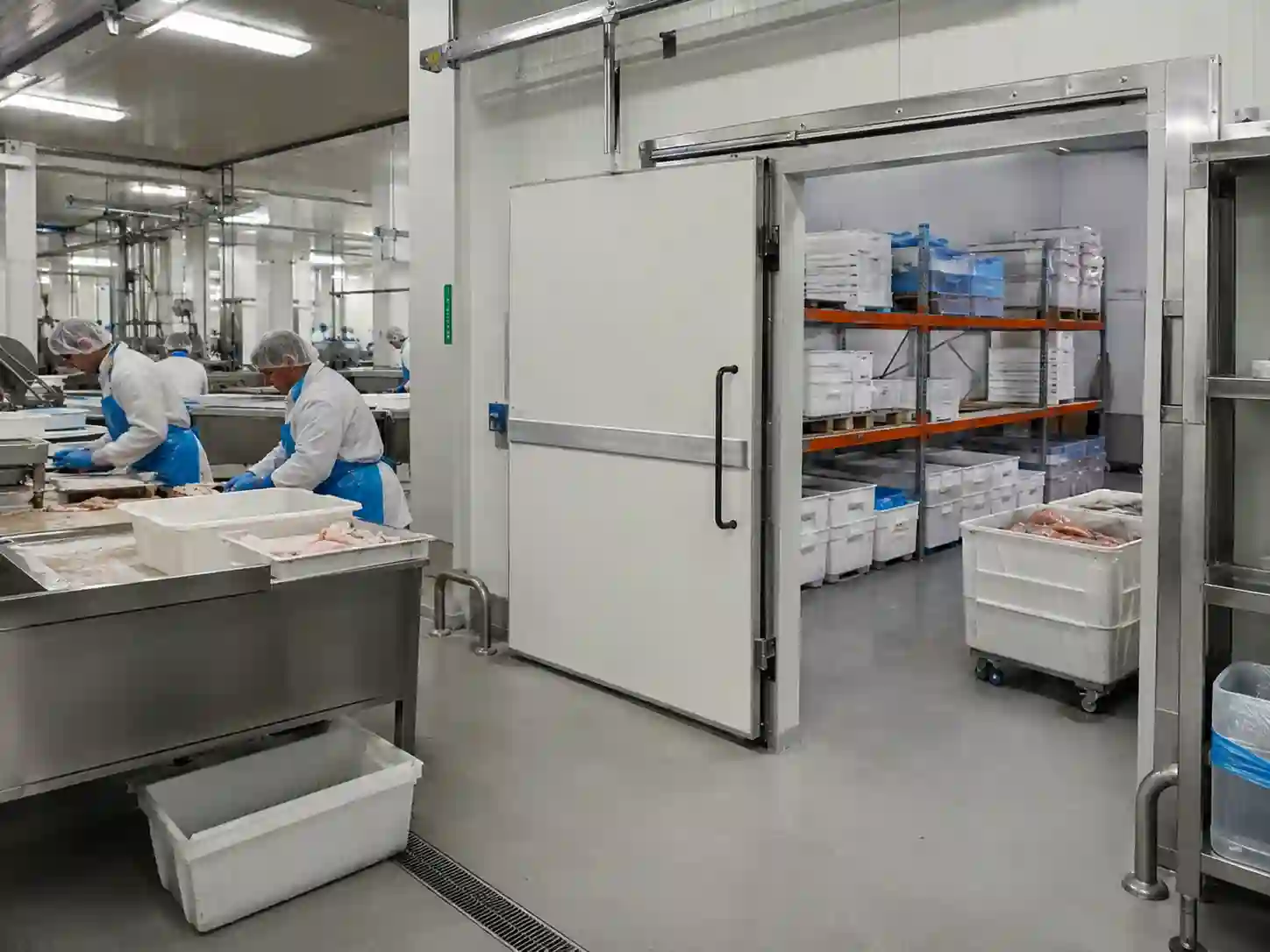 Chłodnia dla zakładu spożywczego przy hali produkcyjnej z drzwiami chłodniczymi