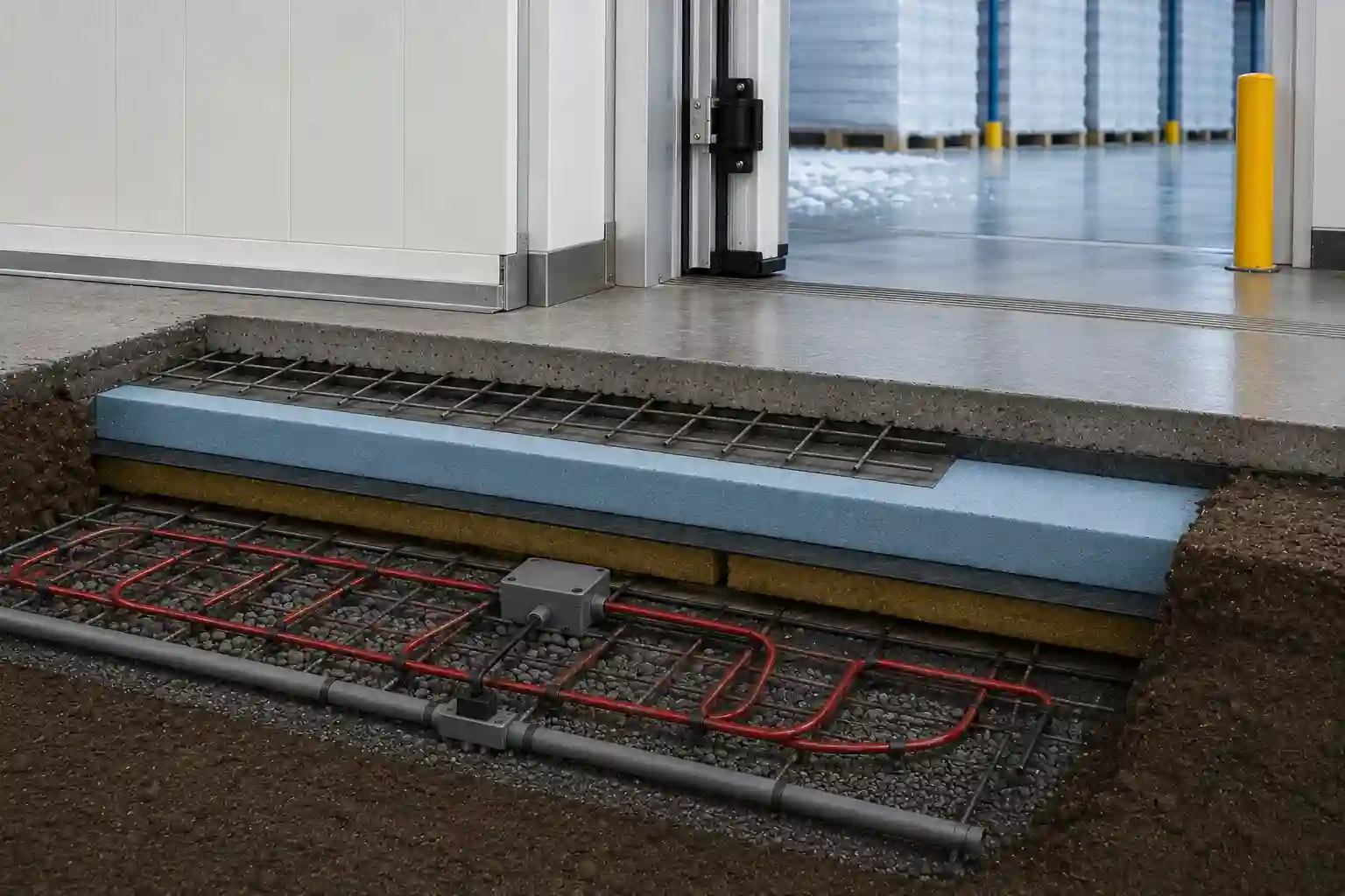System przeciwprzemarzaniowy pod mroźnią z izolacją posadzki i przewodami grzewczymi