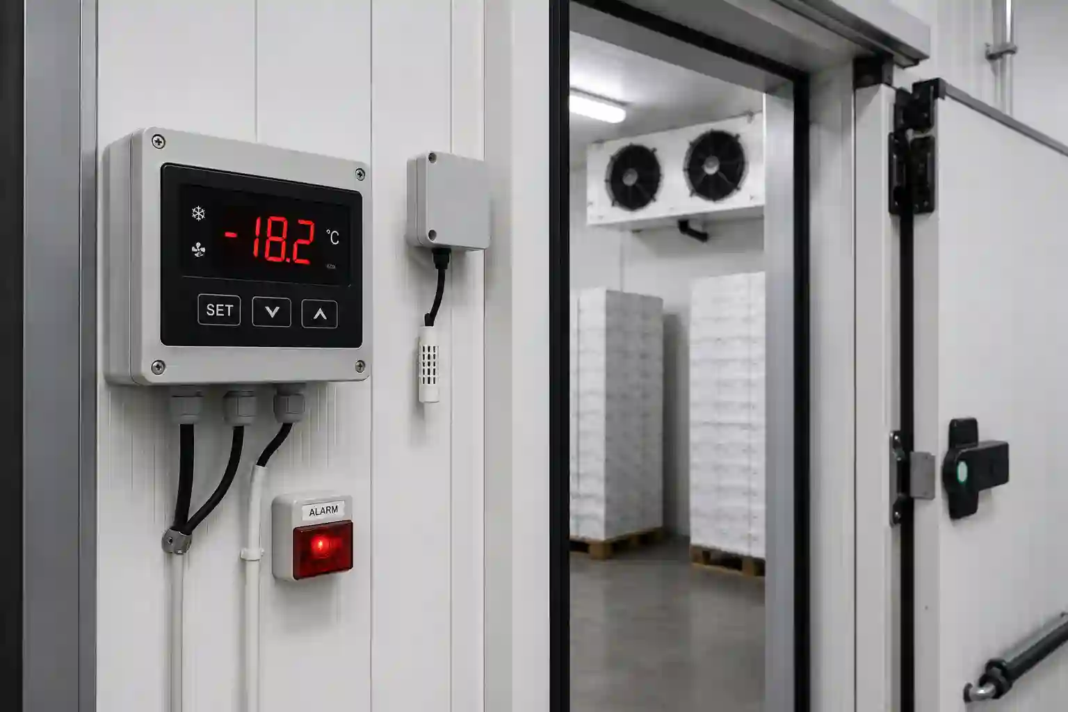Podstawowe sterowanie temperaturą w chłodni z panelem sterownika i wyświetlaczem