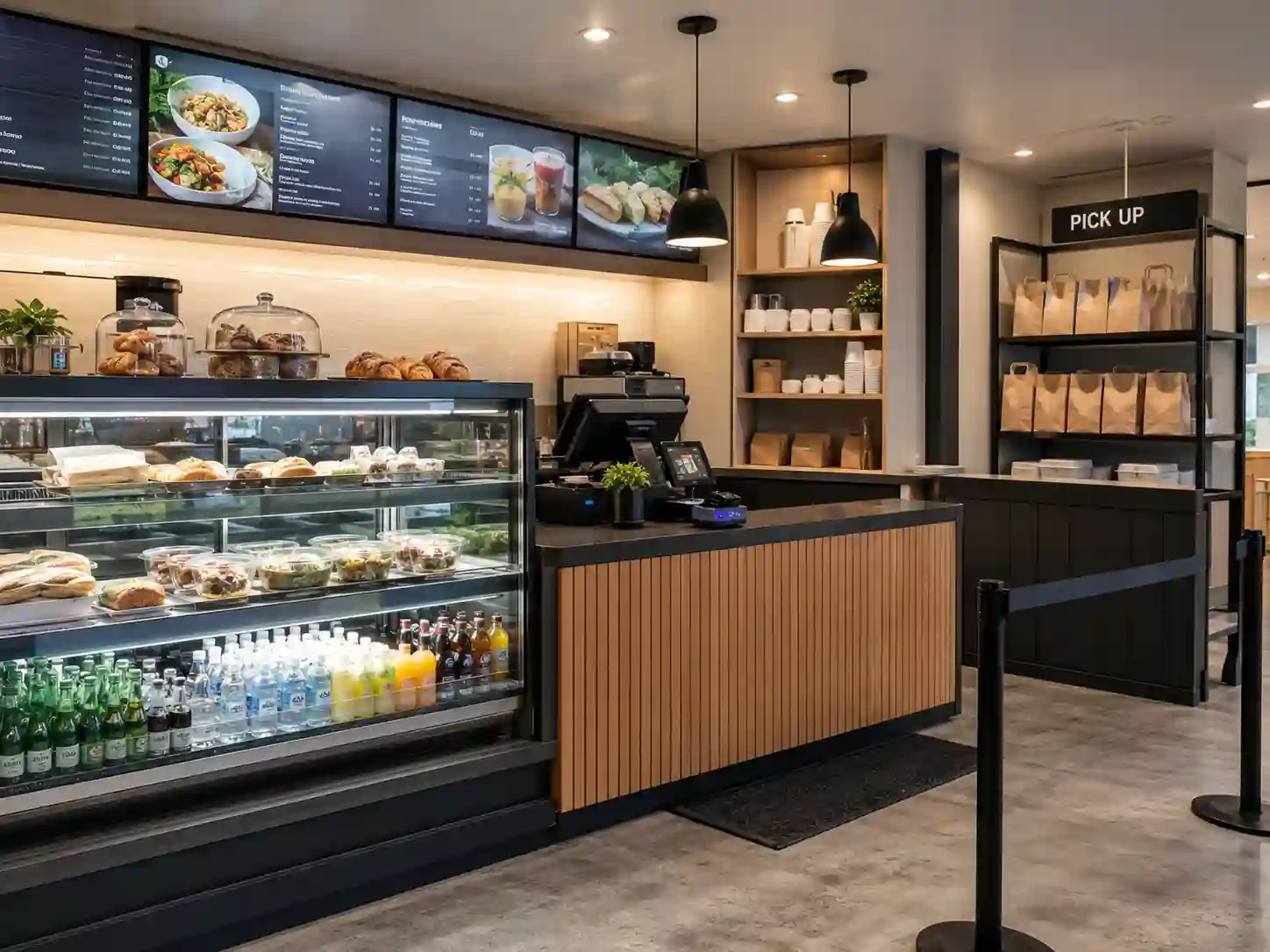 Front sprzedaży w lokalu gastronomicznym z ladą witryną kasą i strefą odbioru