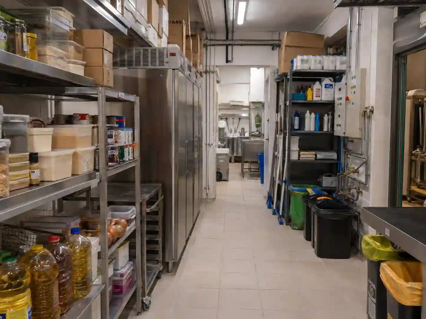 Zaplecze magazynowe i techniczne lokalu gastronomicznego z regałami i chłodnictwem