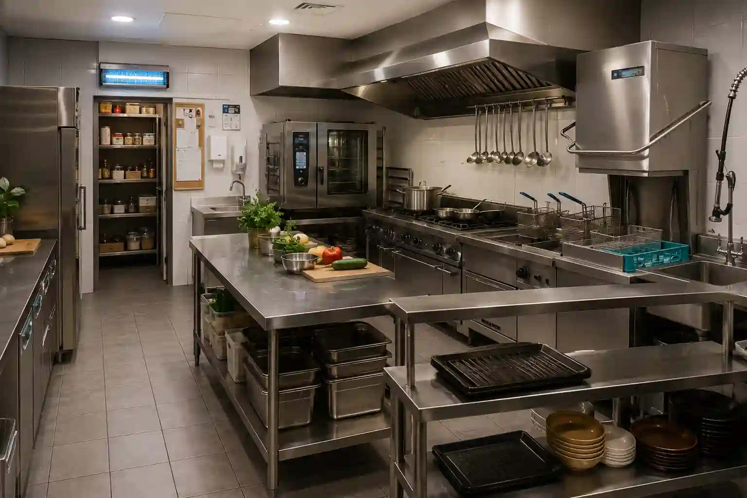 Średnia kuchnia restauracyjna z piecem ciągiem grzewczym chłodnictwem i zmywalnią