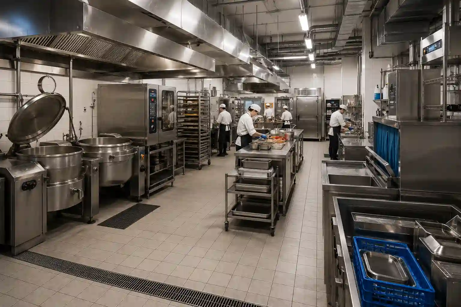 Duże zaplecze gastronomiczne z urządzeniami dużej wydajności i osobnymi strefami pracy