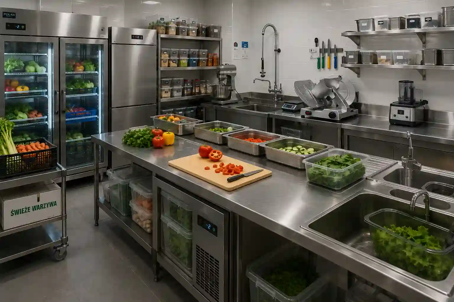 Przygotowalnia kuchni gastronomicznej ze stołem zlewem pojemnikami GN i sprzętem pomocniczym