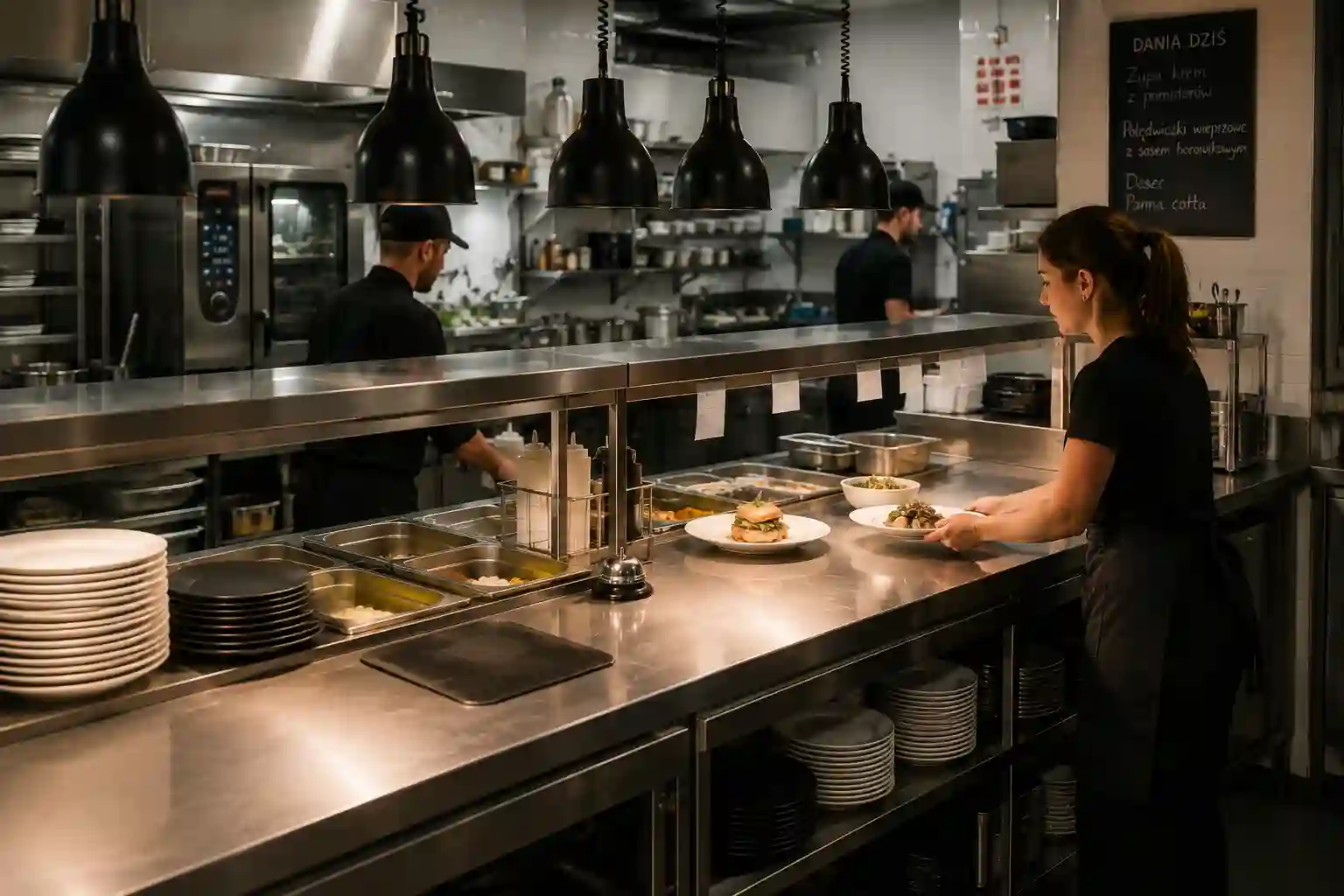 Wydawka w lokalu gastronomicznym z blatem ekspedycyjnym talerzami i lampą grzewczą