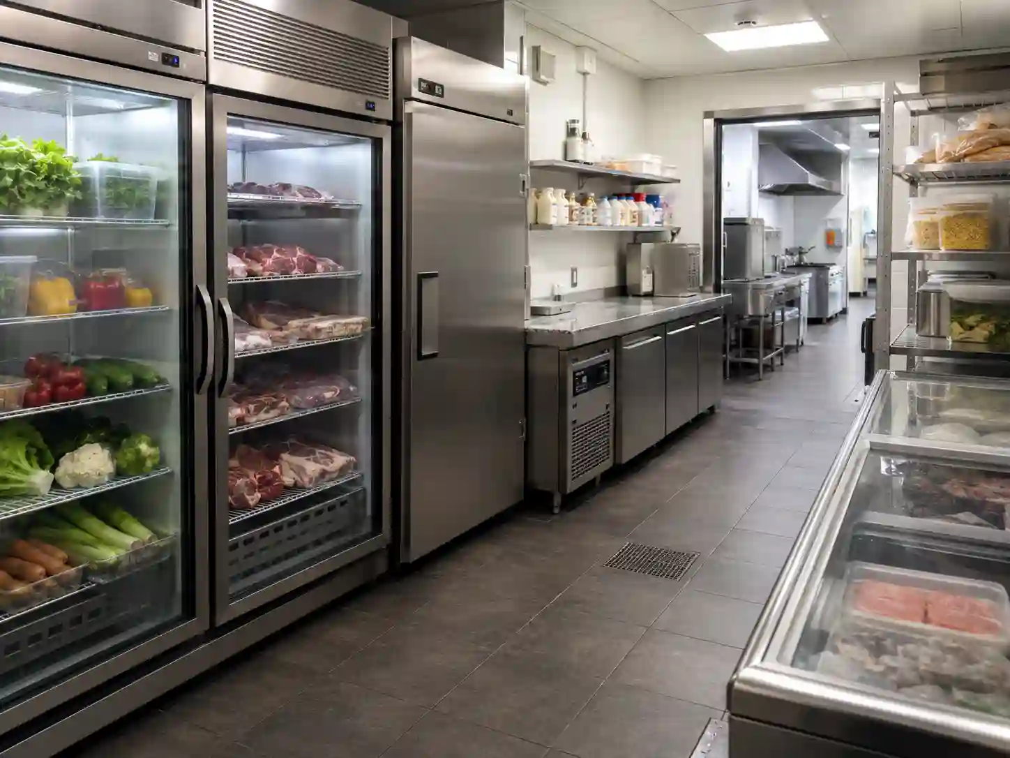 Chłodnictwo i mrożenie w kuchni gastronomicznej z szafami chłodniczymi i stołem chłodniczym
