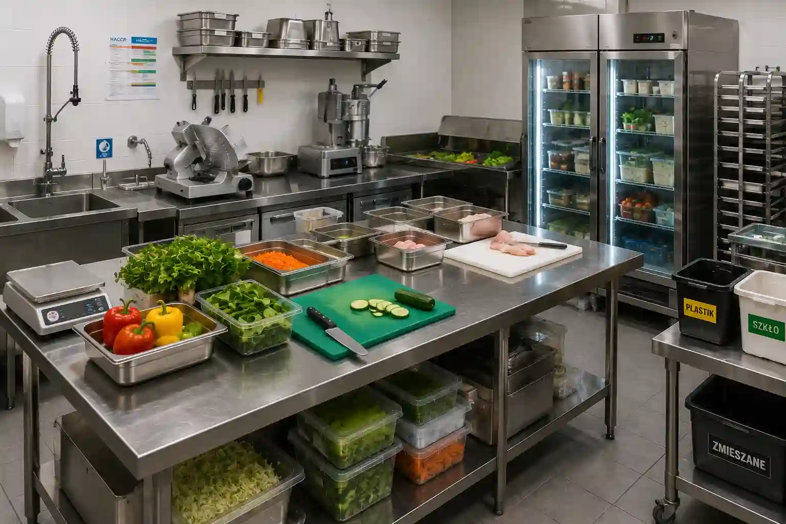 Przygotowalnia kuchni gastronomicznej ze stołem roboczym zlewem pojemnikami GN i sprzętem pomocniczym