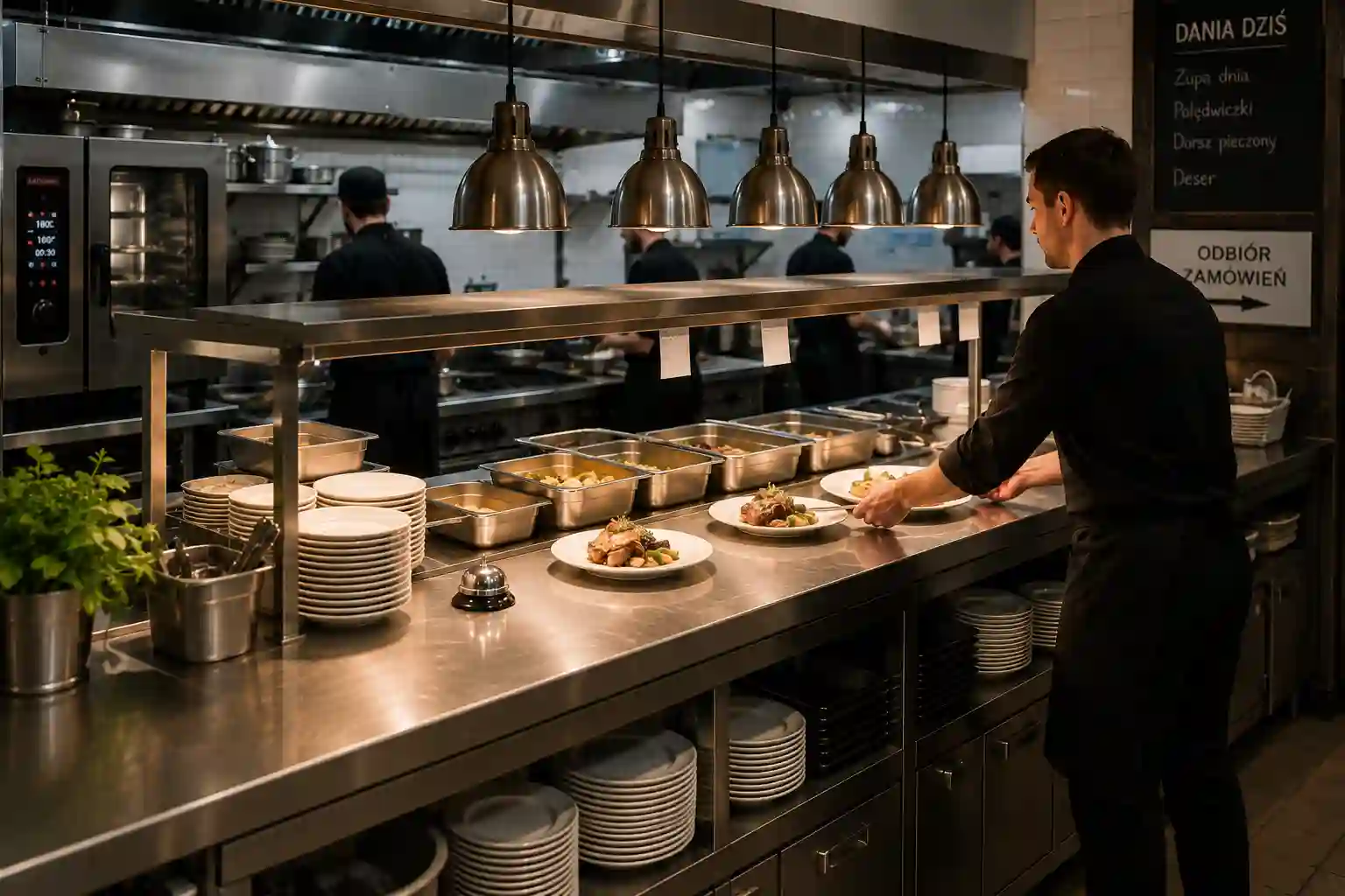 Wydawka w kuchni gastronomicznej z blatem ekspedycyjnym talerzami i lampą grzewczą