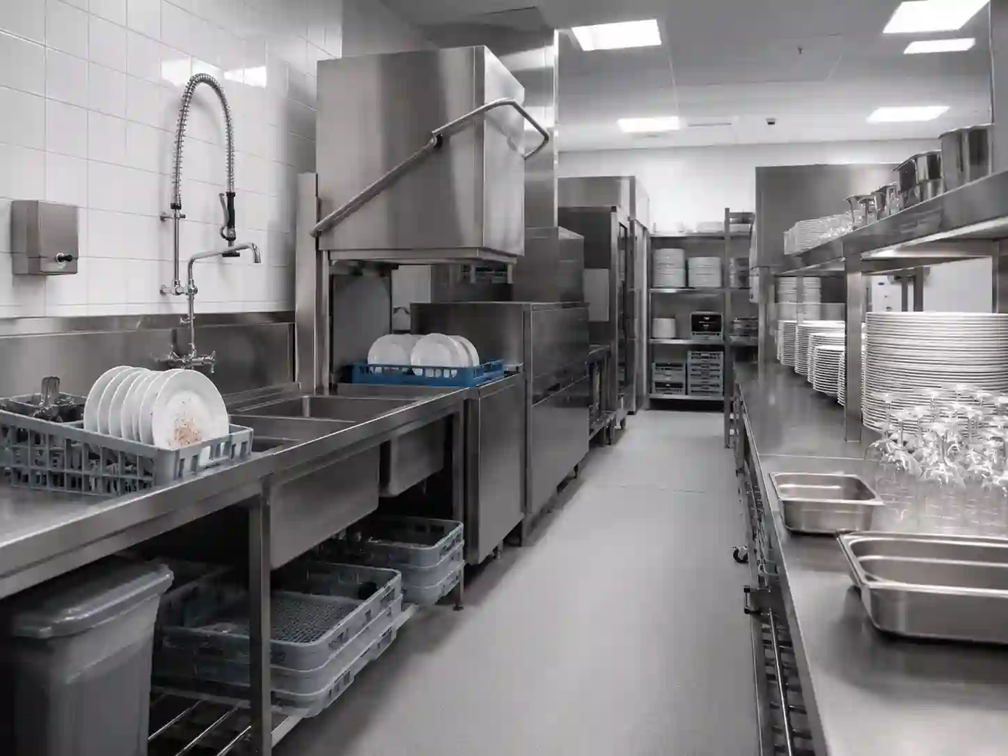 Zmywalnia w kuchni gastronomicznej ze zmywarką kapturową stołami i miejscem na naczynia