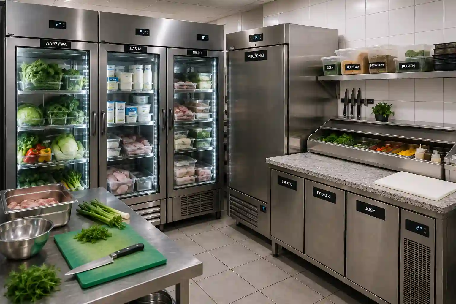 Chłodnictwo podstawowe w kuchni gastronomicznej z szafami i stołem chłodniczym