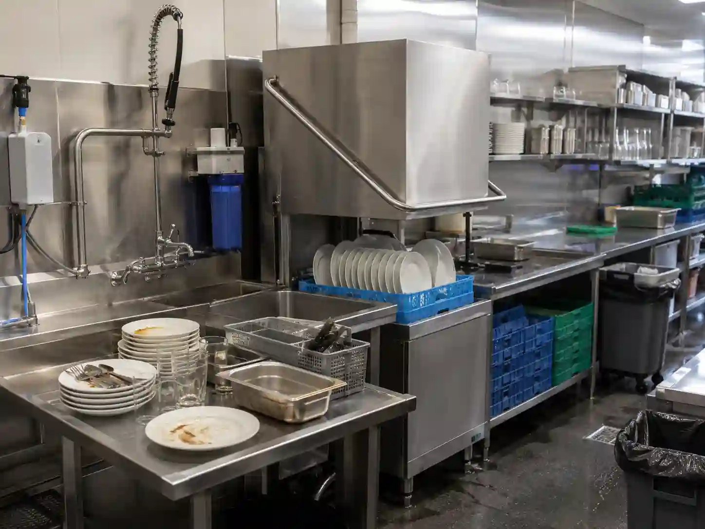Zmywarka gastronomiczna kapturowa ze stołami i miejscem na obieg naczyń