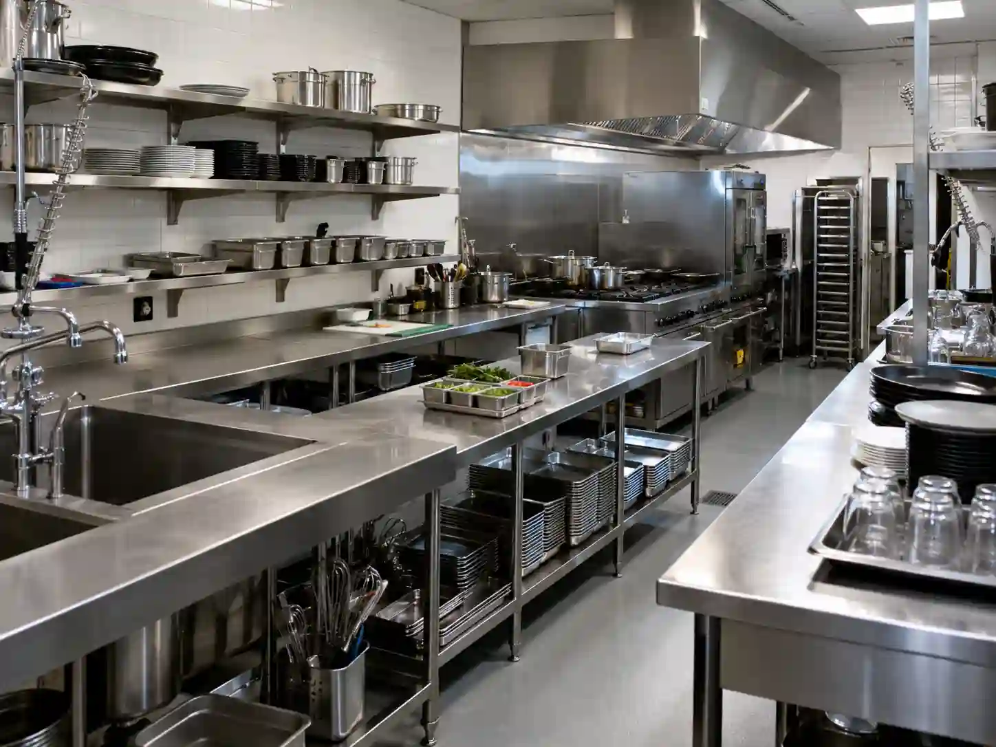 Stoły robocze baseny i miejsca odkładcze w kuchni gastronomicznej