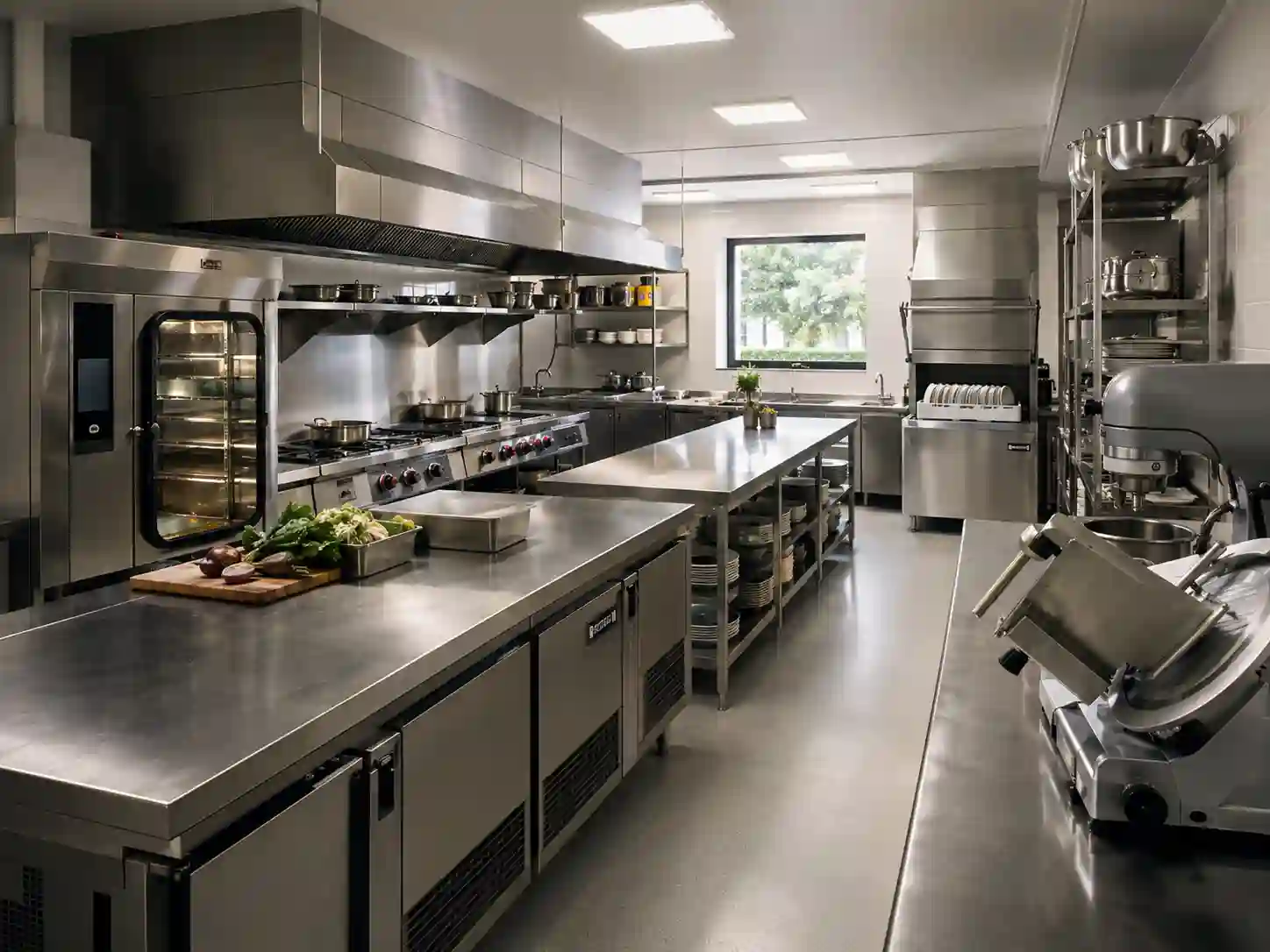 Sprzęt uniwersalny w kuchni gastronomicznej z piecem stołem chłodniczym i urządzeniami roboczymi