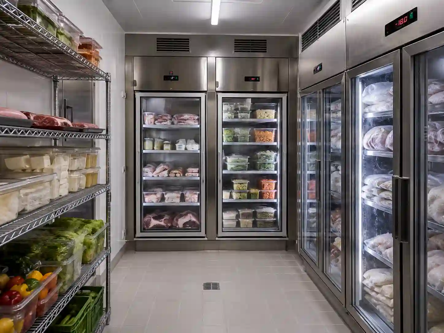 Szafa chłodnicza i mroźnicza w kuchni gastronomicznej do przechowywania produktów