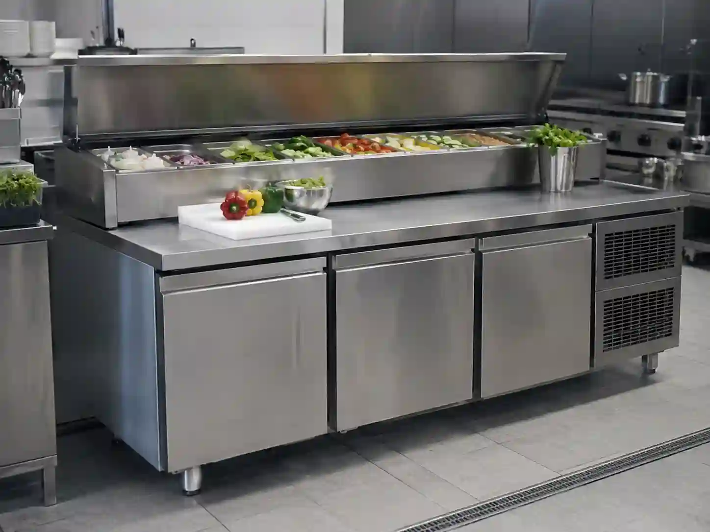 Stół chłodniczy w kuchni gastronomicznej z blatem roboczym i pojemnikami GN