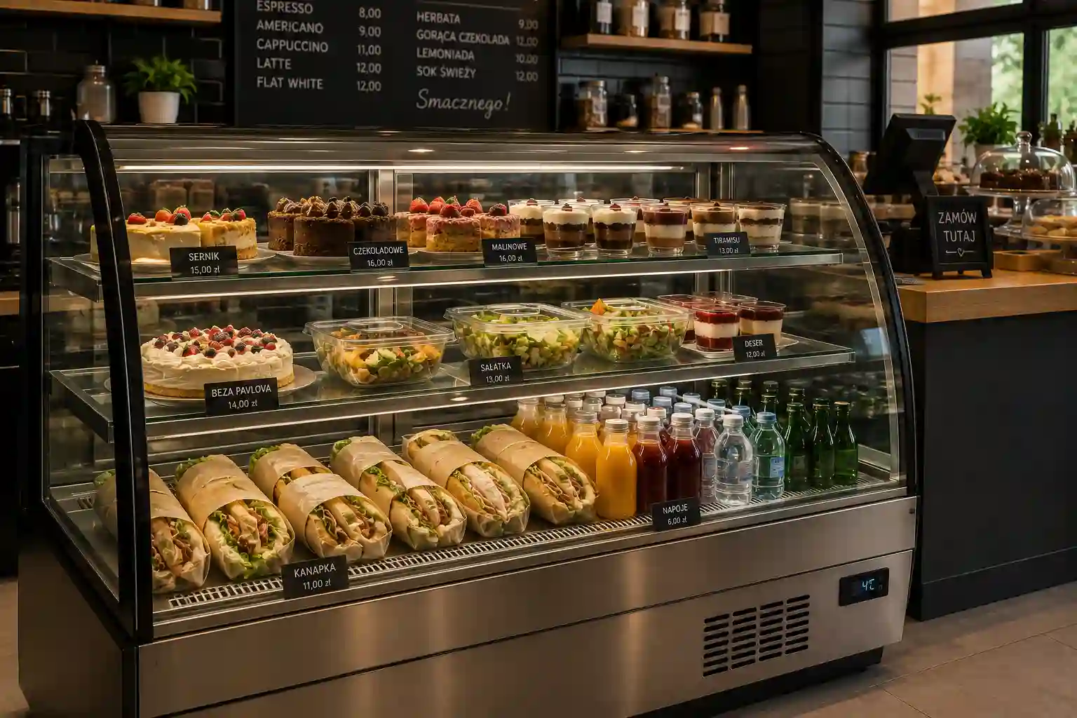 Witryna chłodnicza w gastronomii do ekspozycji deserów kanapek i produktów gotowych