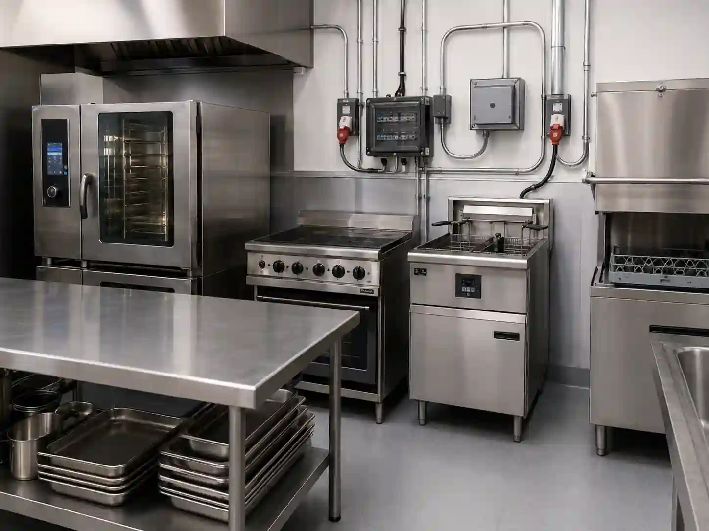 Urządzenia elektryczne w kuchni gastronomicznej z piecem płytą frytownicą i zmywarką
