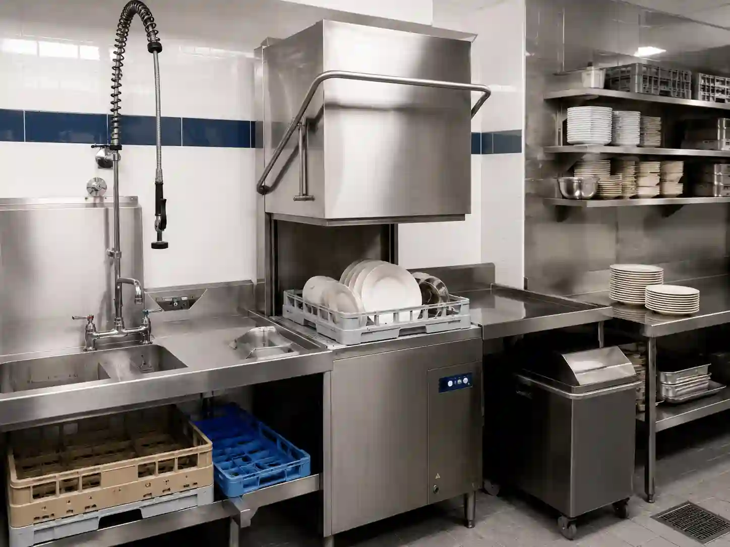 Zmywarka kapturowa w restauracyjnej zmywalni ze stołami zdawczym i odbiorczym