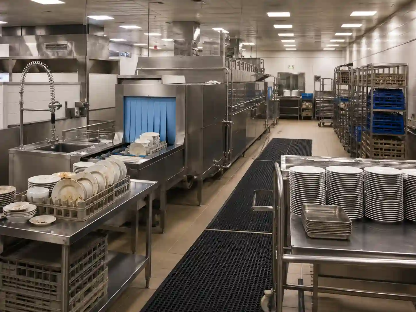 Zmywarka tunelowa w dużej zmywalni gastronomicznej do obsługi wielu naczyń