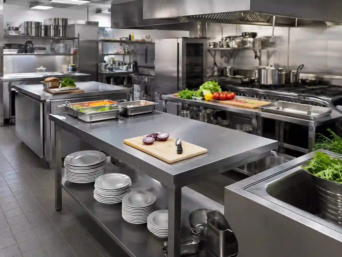 Stoły robocze i blaty odkładcze w kuchni gastronomicznej z pojemnikami GN i miejscem pracy