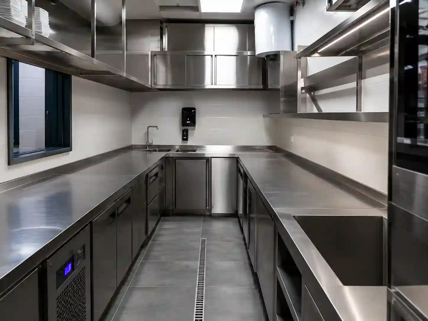 Zabudowa robocza na wymiar w kuchni gastronomicznej z blatami szafkami i urządzeniami podblatowymi