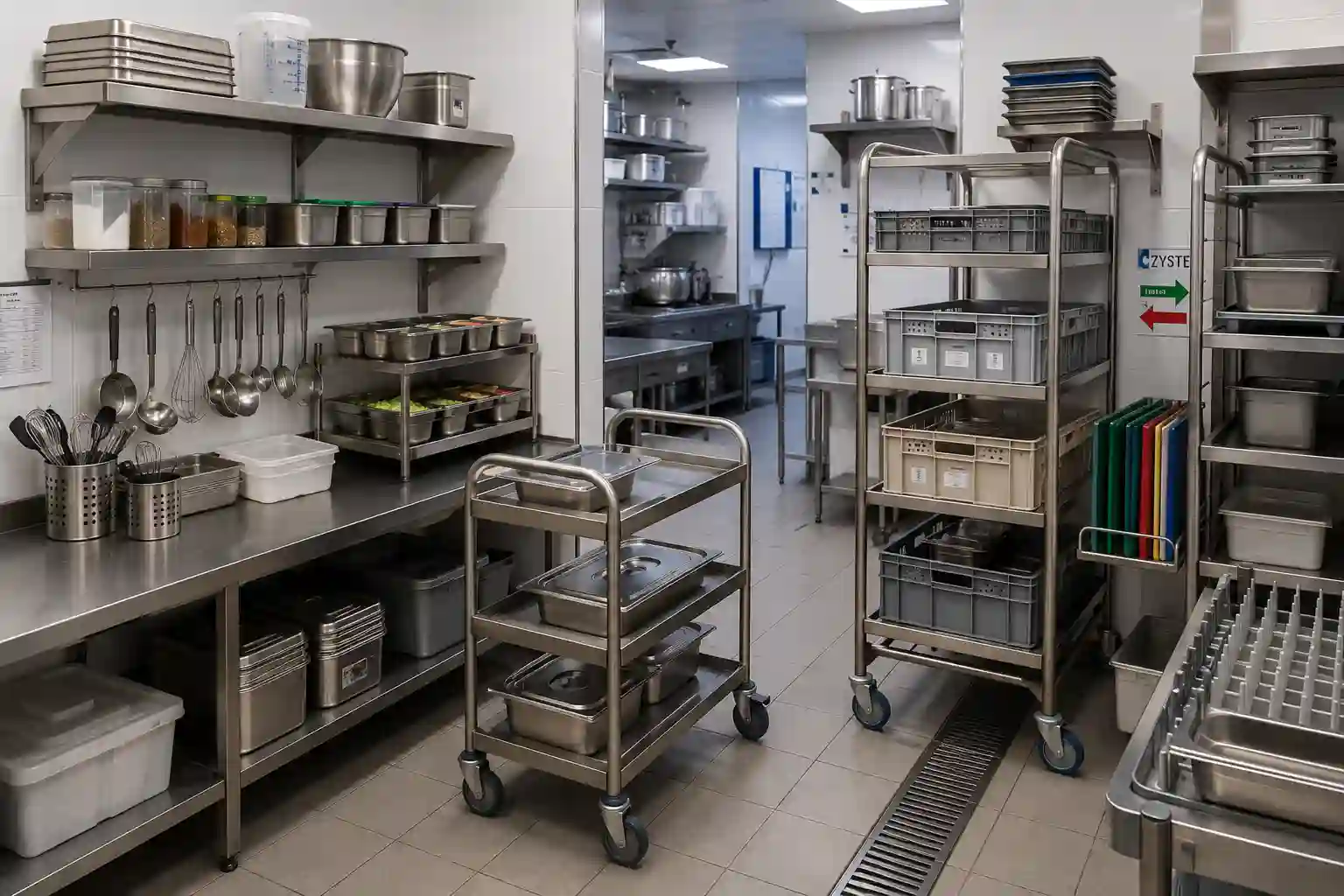 Półki wózki i elementy pomocnicze w kuchni gastronomicznej z pojemnikami GN i regałem jezdnym