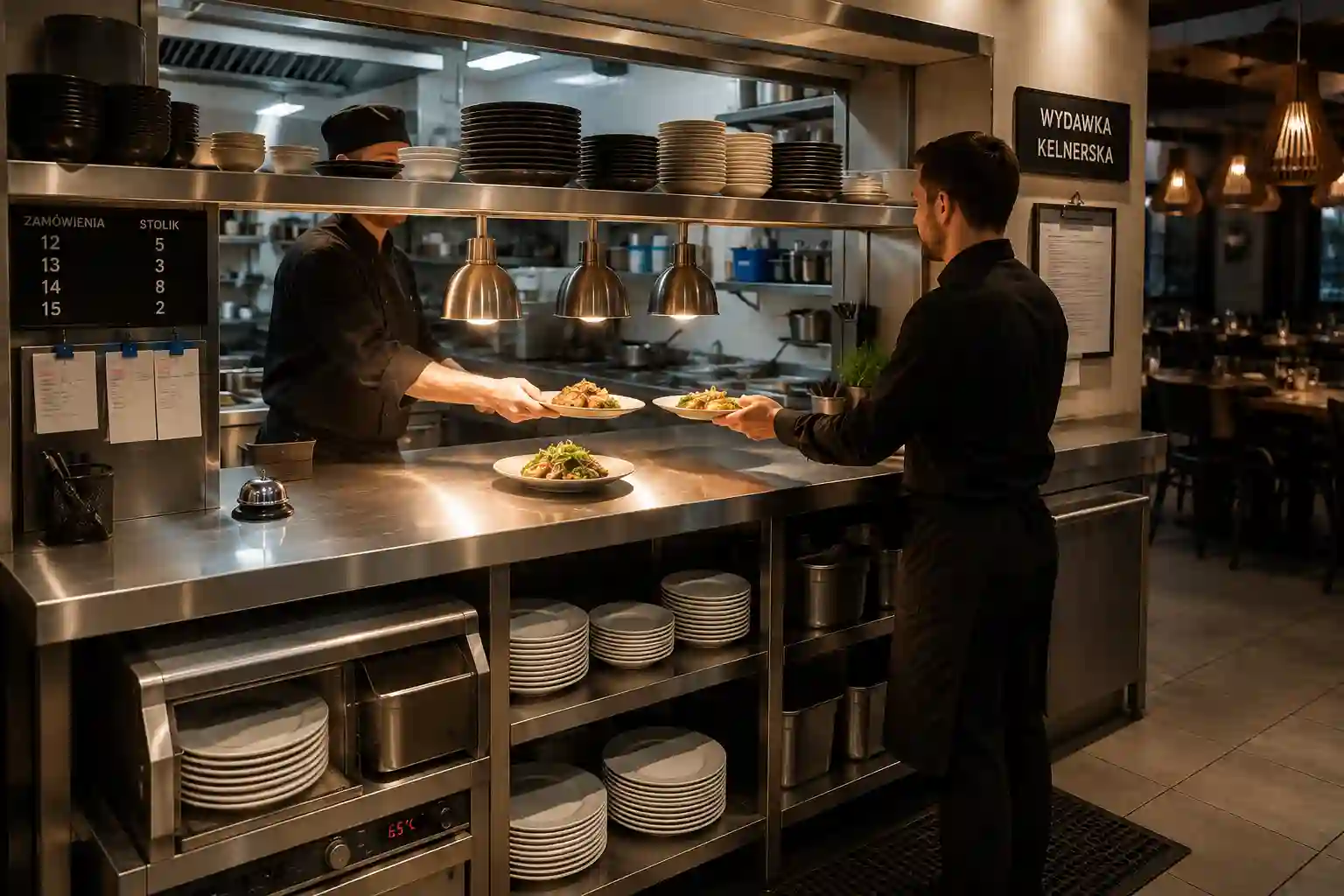 Wydawka kelnerska w restauracji z blatem ekspedycyjnym talerzami i lampą grzewczą