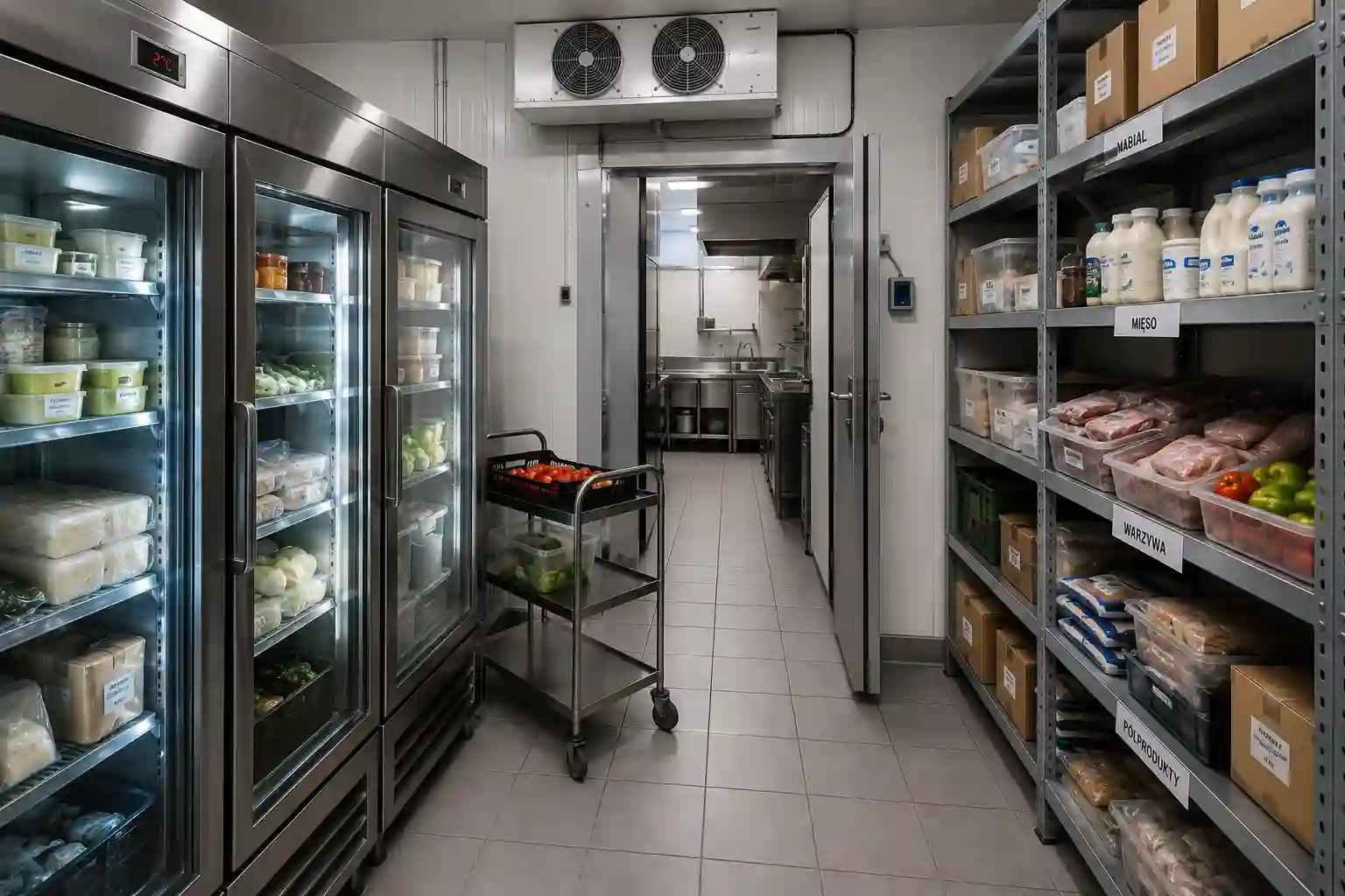 Magazyn chłodniczy w gastronomii z szafami komorą i regałami na produkty