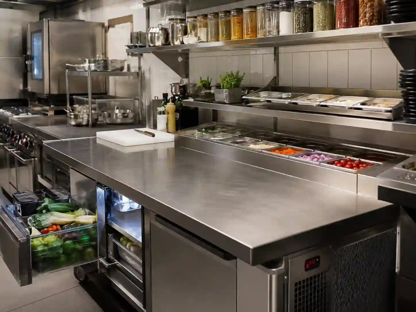 Magazyn podręczny przy stanowisku pracy w kuchni gastronomicznej z pojemnikami GN i stołem chłodniczym