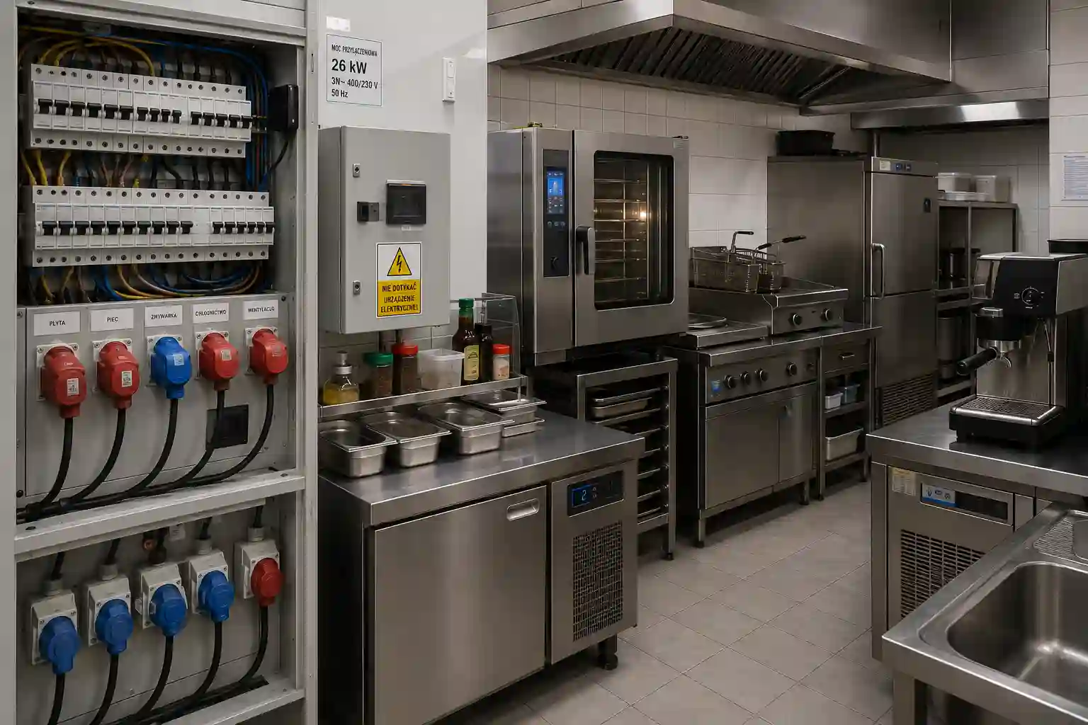 Instalacja elektryczna w kuchni gastronomicznej z rozdzielnią gniazdami siłowymi i urządzeniami