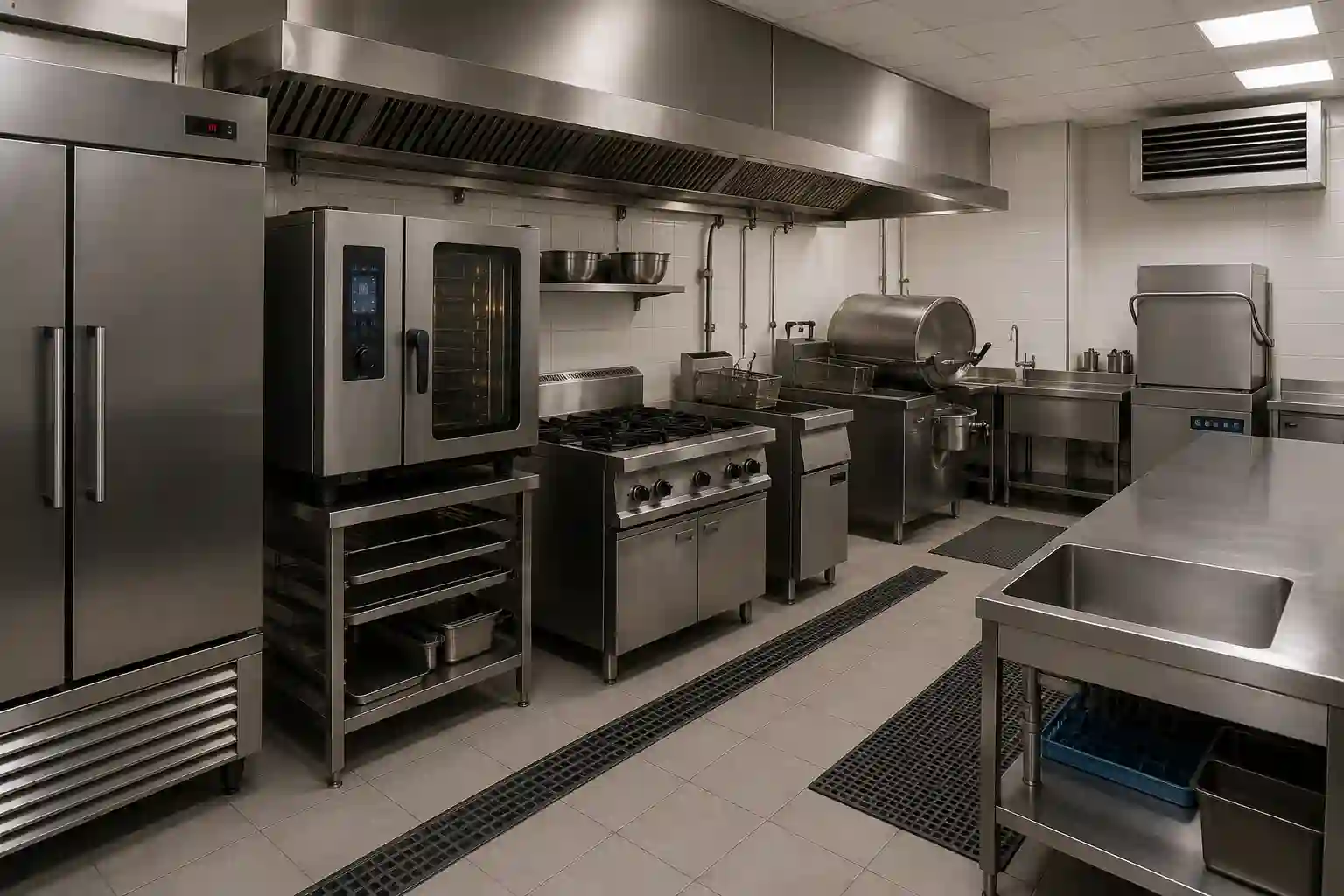 Urządzenia wolnostojące w kuchni gastronomicznej z piecem szafą chłodniczą i zmywarką