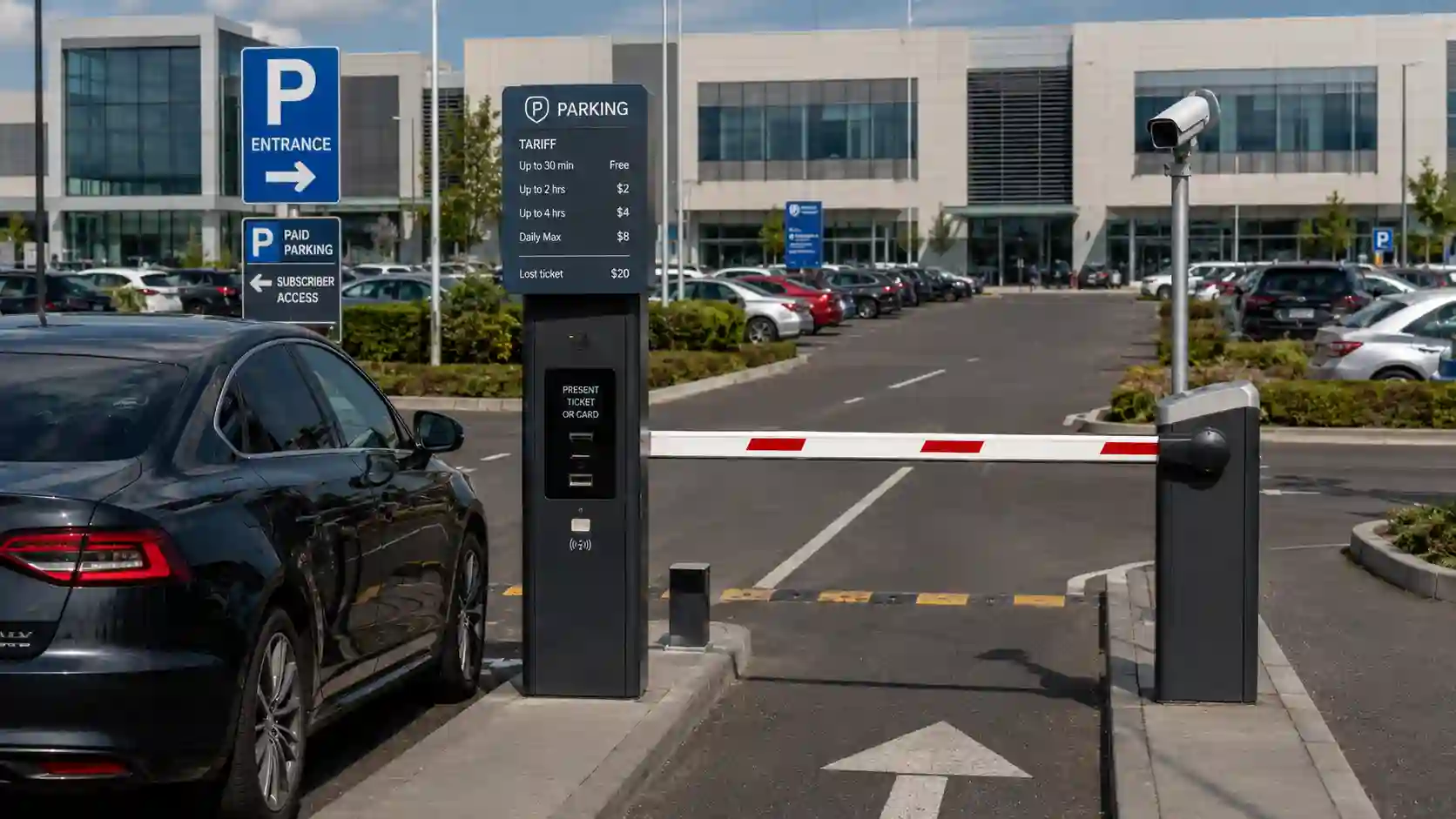 Szlaban na parkingu komercyjnym z terminalem wjazdowym