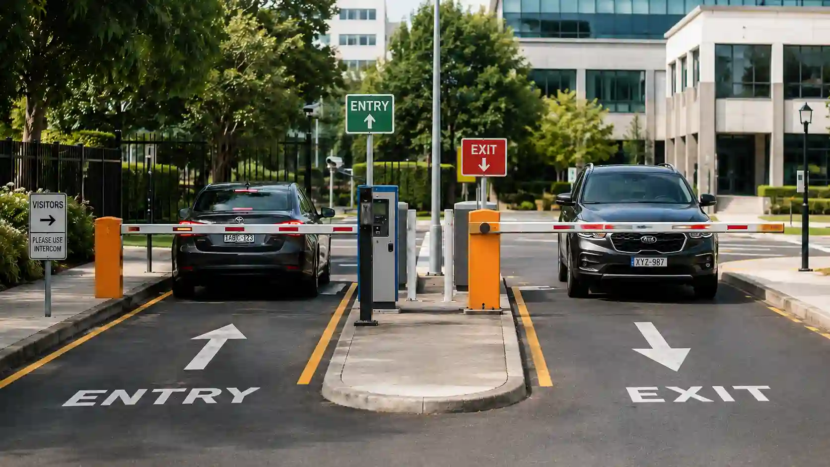 Dwa szlabany parkingowe na osobnym wjeździe i wyjeździe