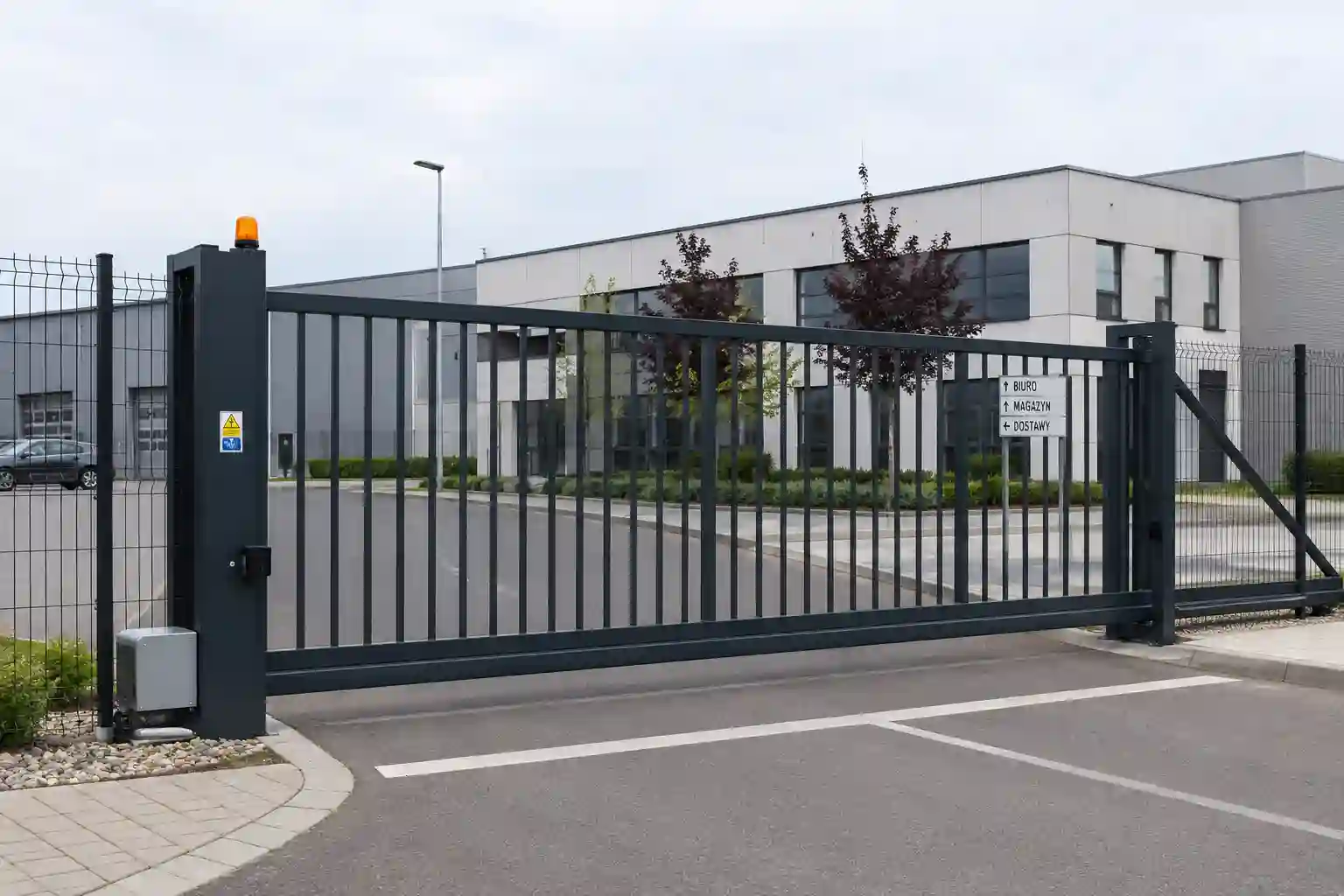 Brama przesuwna zamykająca cały wjazd na teren firmy