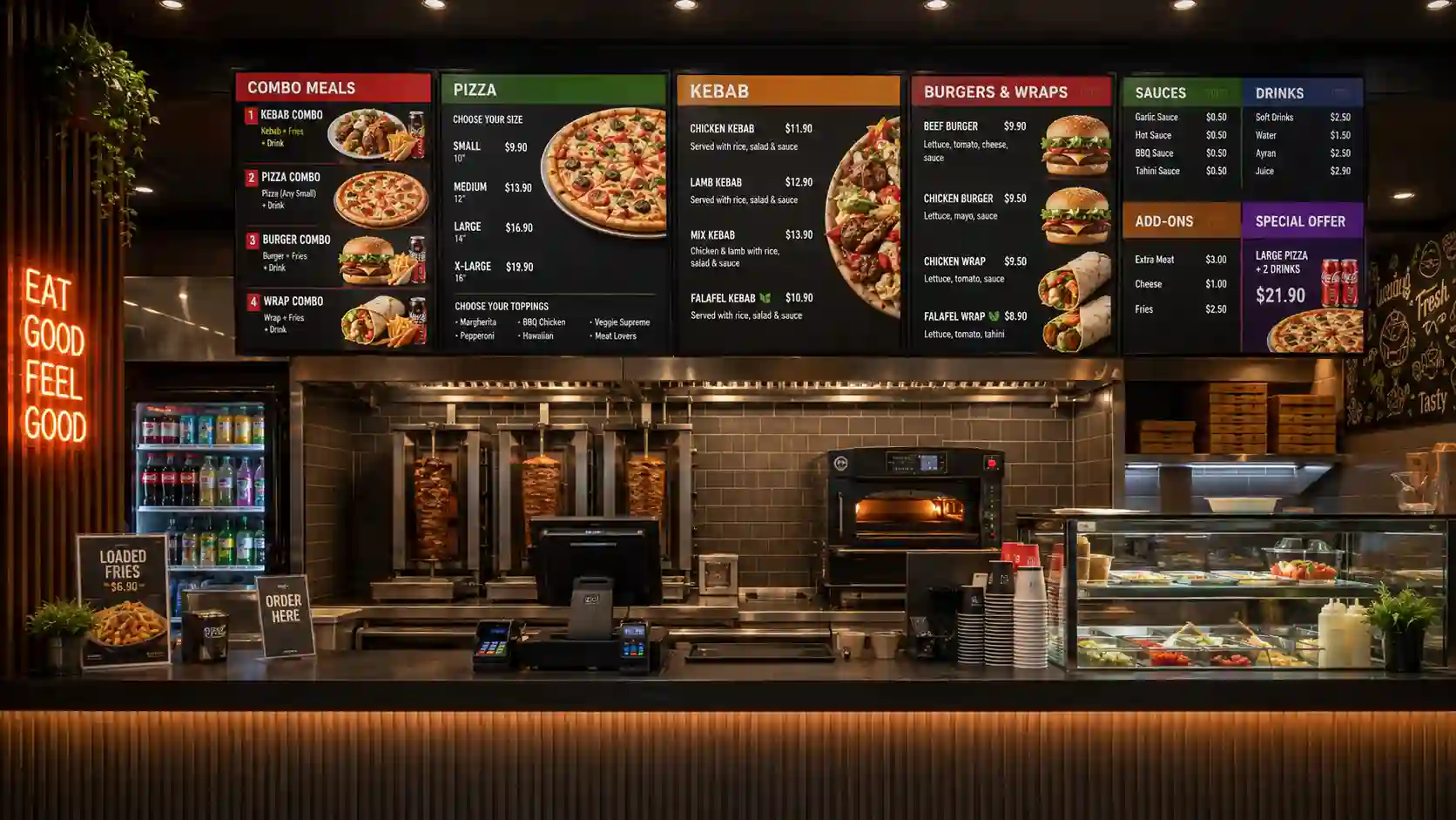 Menu board fast food z kilkoma ekranami nad ladą