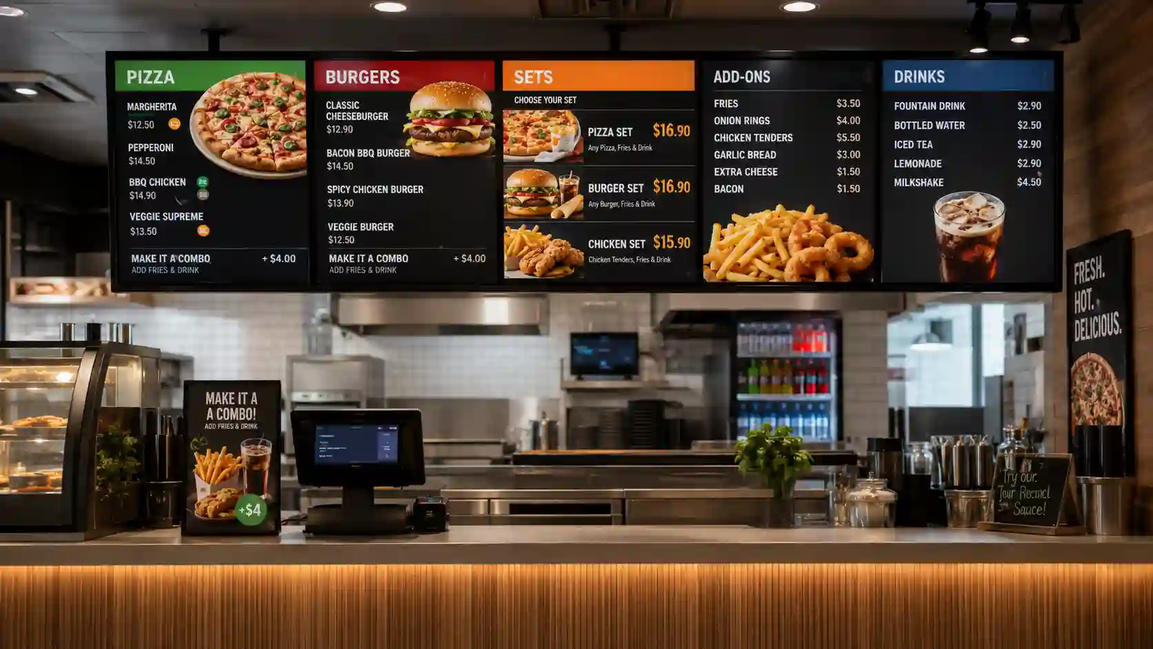 Menu board nad ladą w gastronomii