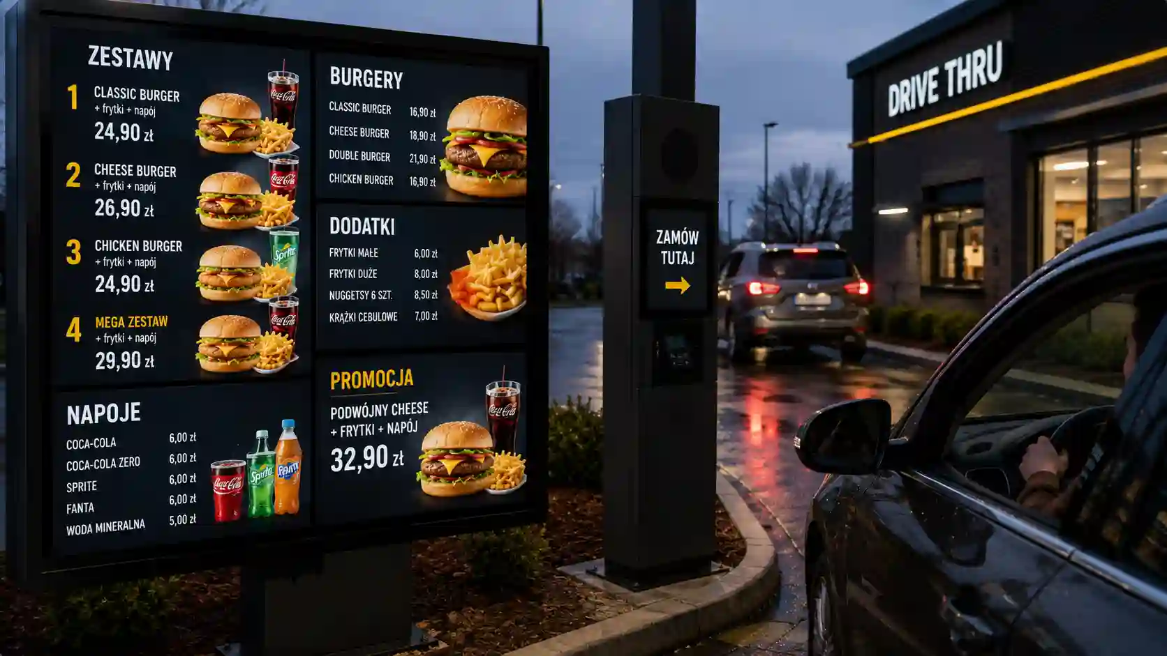 Drive thru menu board przy stanowisku zamówień