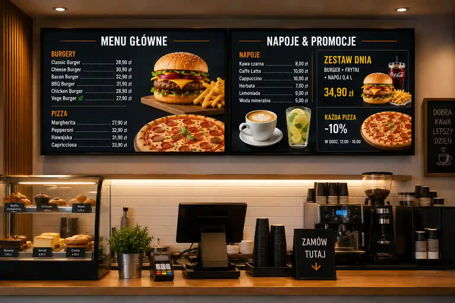 Dwa ekrany menu board nad ladą