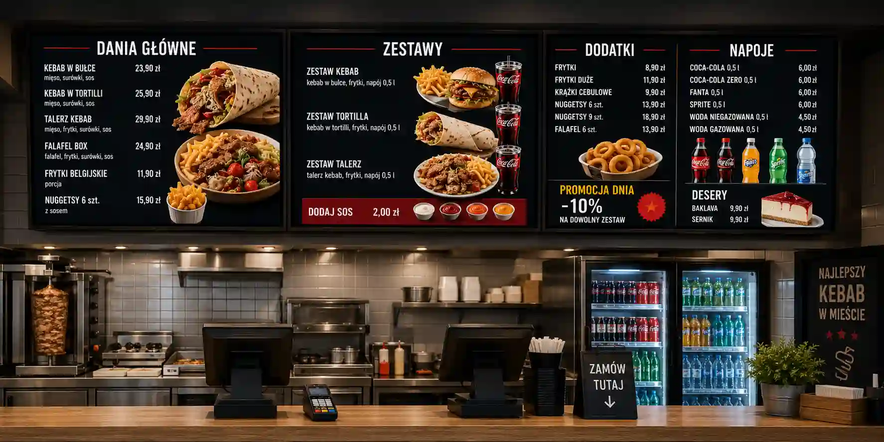 Trzy ekrany menu board nad ladą