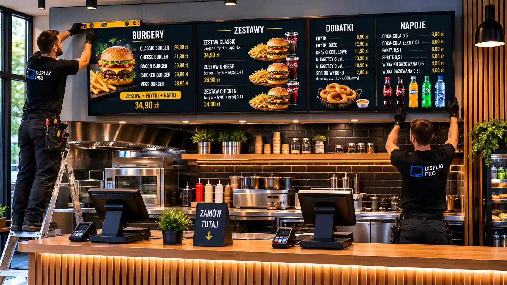 Montaż kilku ekranów menu board nad ladą