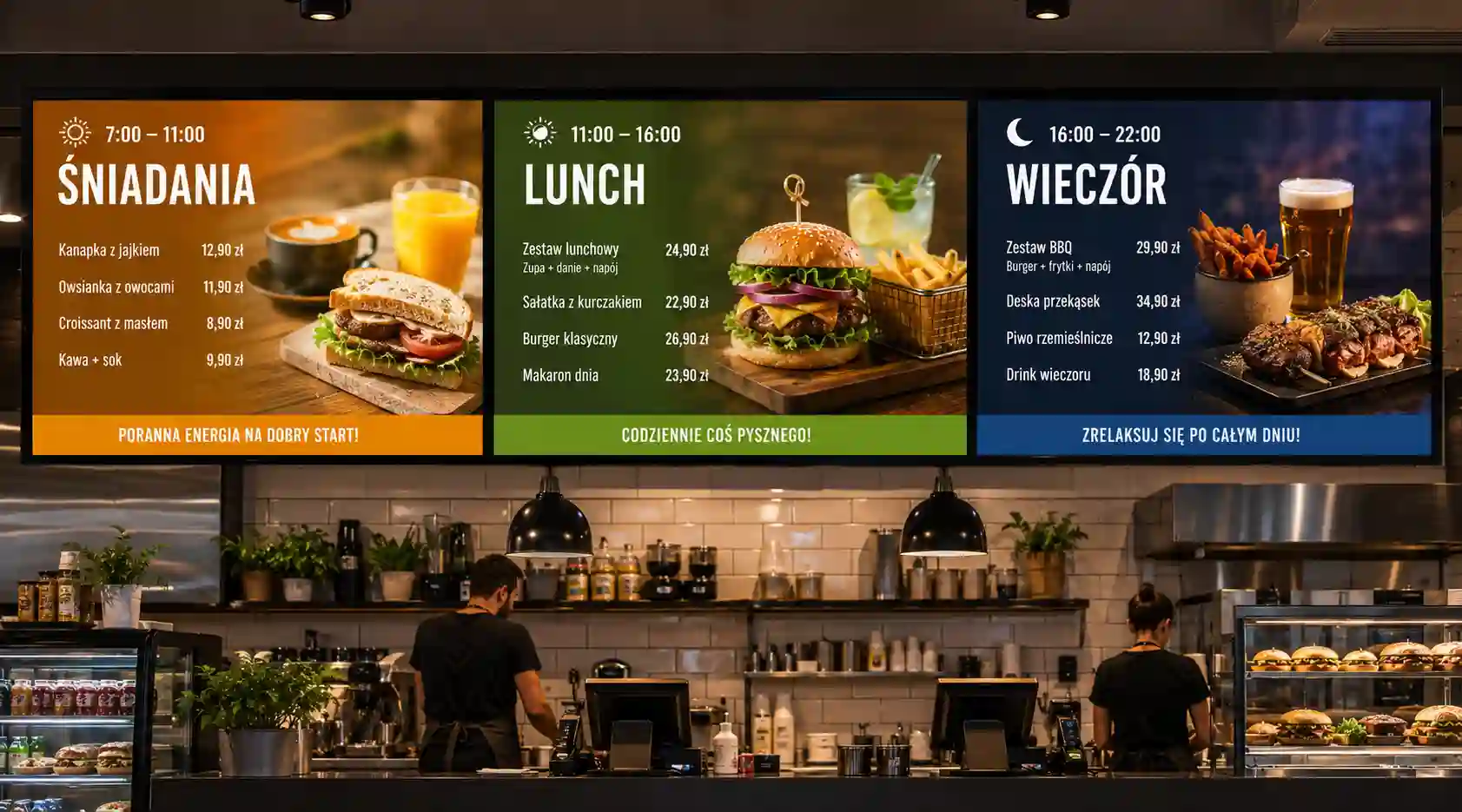 Menu board z menu zmiennym według pory dnia
