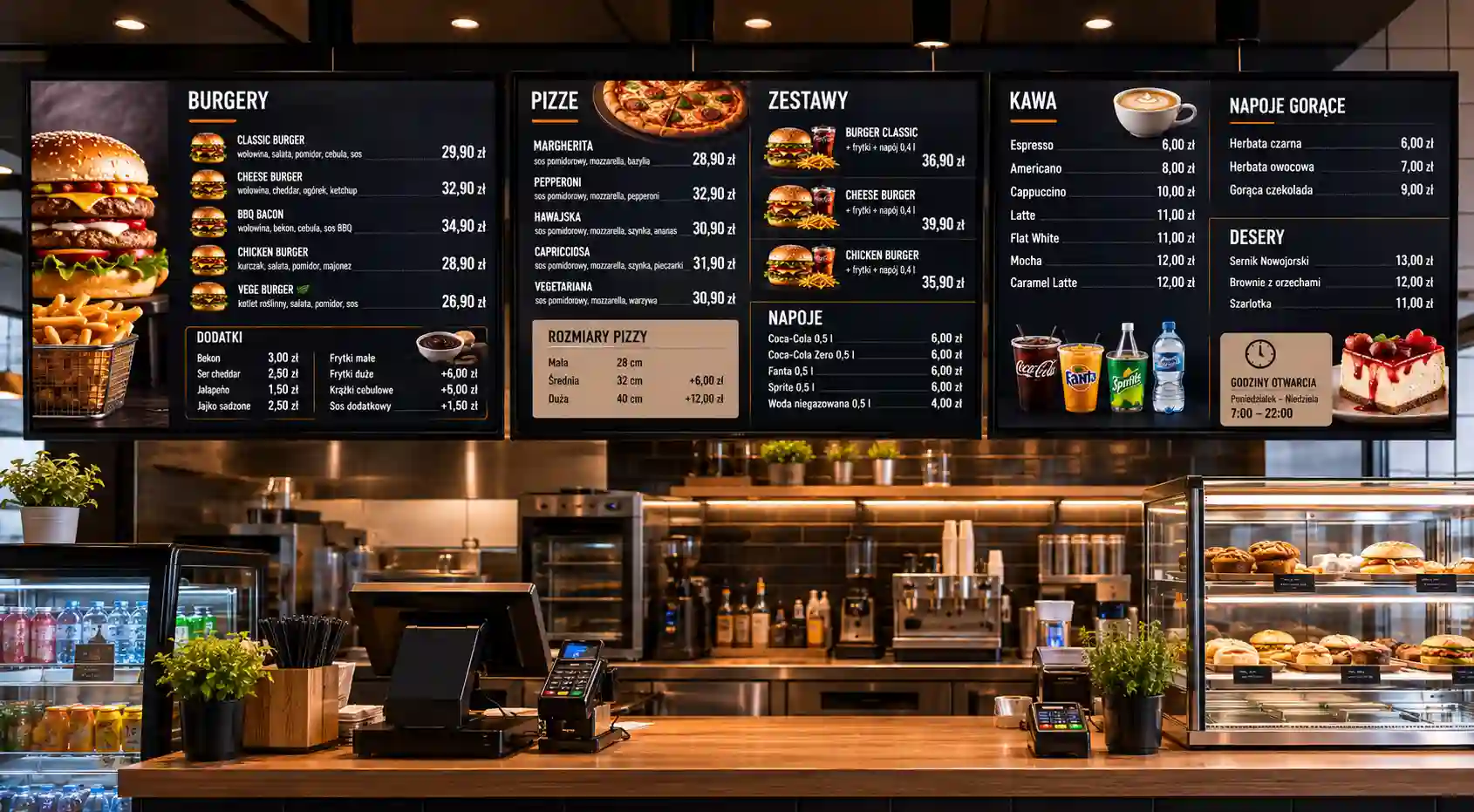 Cyfrowy menu board z pełnym menu i cenami