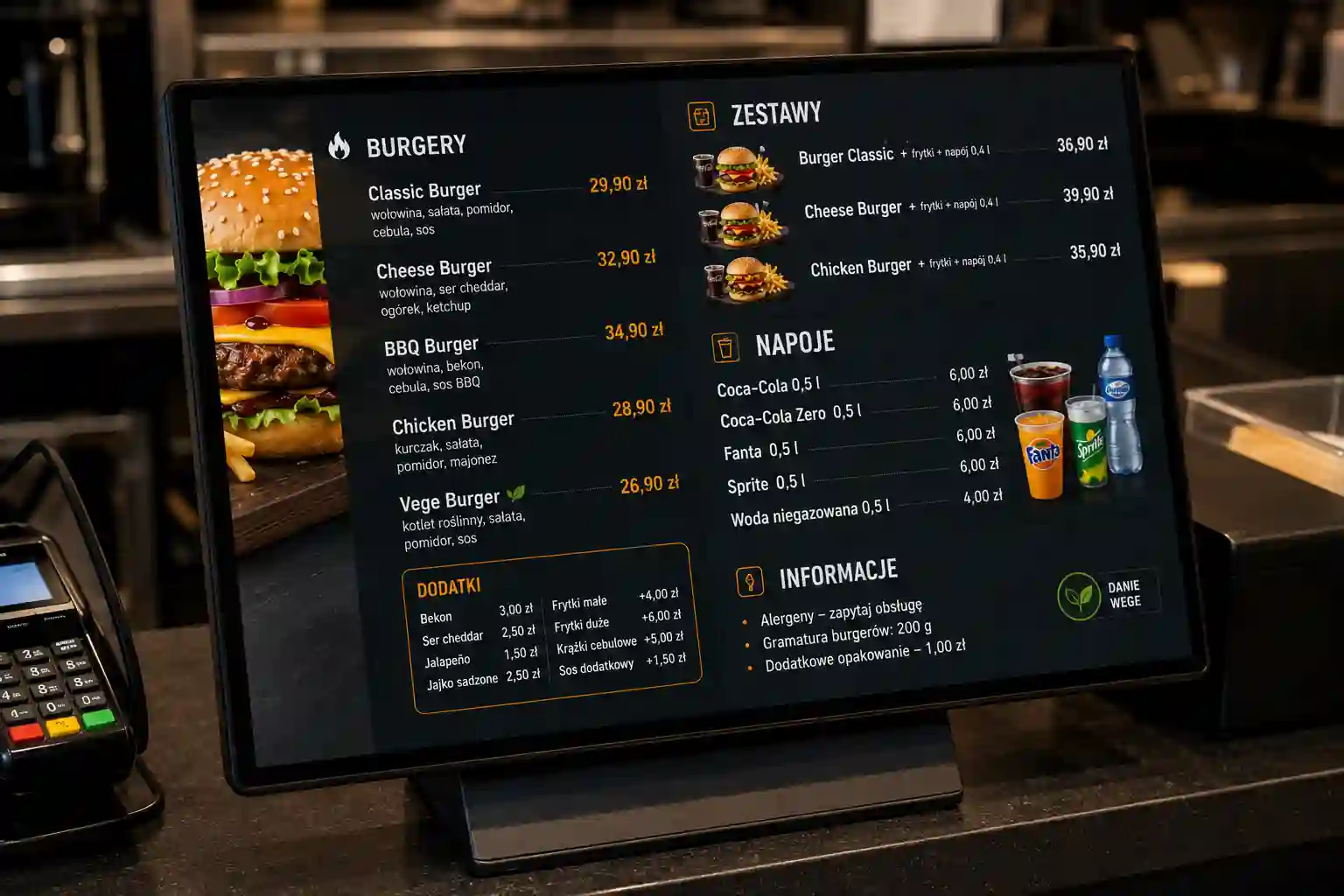 Menu board czytany z bliska przy kasie